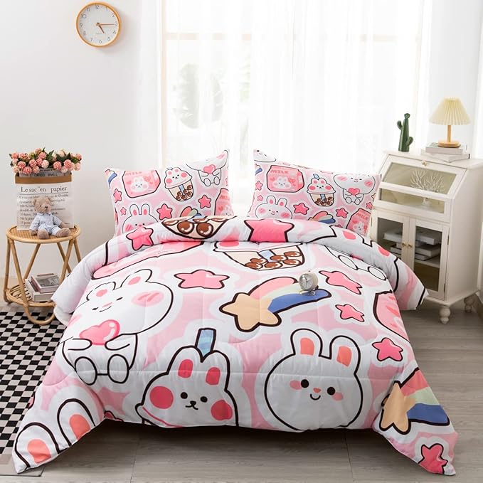 Fiico Kawaii Rabbit Bedding Set, Twin/Full/Queen Size, 3 Pieces, U1 Color, Microfiber, Cartoon Pattern, Kids Room Decor