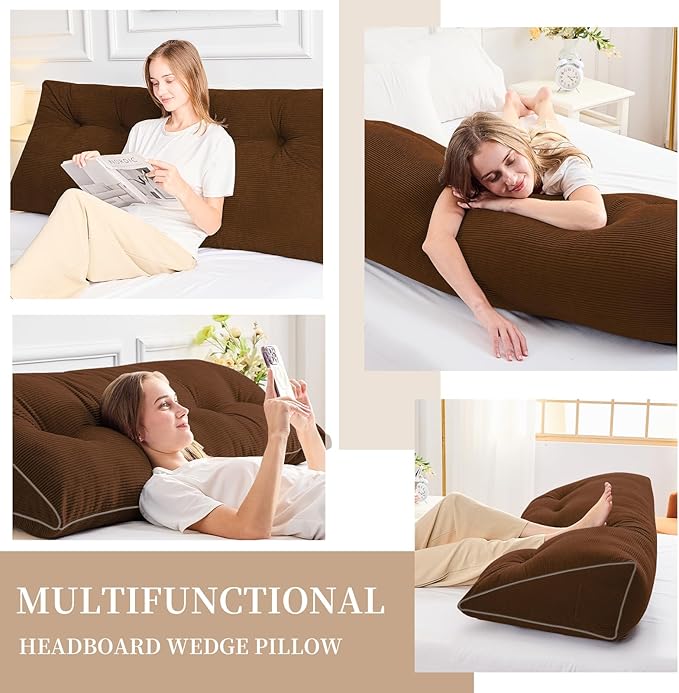 Sasttie Headboard Pillow King, Wedge Pillow Headboard for Sitting Up in Bed, Back-Rest Support Triangular Cushion for Reading - Features Removable Washable Cover, Brown