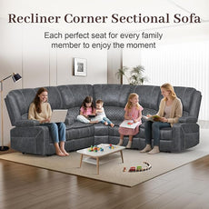 Home Theater Seating Reclining Sectional Sofa, 5 Seats Soft Dutch Velvet Recliner Corner Sectional Couch, Recliner Couch with USB Charging, Thickened Padding, Sturdy Frame, Grey