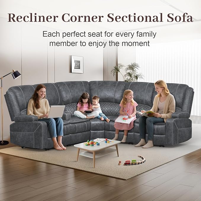 Home Theater Seating Reclining Sectional Sofa, 5 Seats Soft Dutch Velvet Recliner Corner Sectional Couch, Recliner Couch with USB Charging, Thickened Padding, Sturdy Frame, Grey