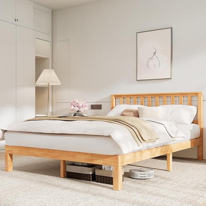 DELAVIN Queen Bed Frame with Headboard, Wood Platform Bed Frame, Farmhouse Style Bed Frame Queen Size with Slats Support, Malaysian Oak, No Box Spring Needed, Easy Assembly, Rustic Pine