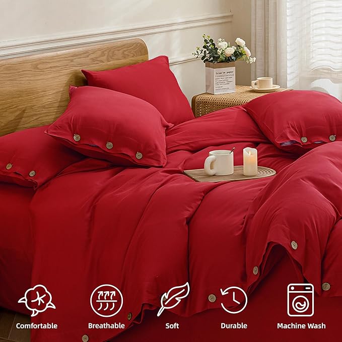 JELLYMONI Cotton Duvet Cover Full Size - Crimson Red Comforter Cover with Button 100% Washed Cotton 3PCS Breathable Soft Solid Bedding Set Duvet Cover 80×90in & 2 Pillowcases (NO Comforter)