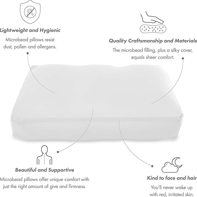 PILLOWY Premium Microbead Bed Pillow, Large Extra Fluffy But Supportive - Ultra Comfortable Sleep with Silk Like Anti Aging Cover 85% Spandex/ 15% Nylon Breathable, Cooling White