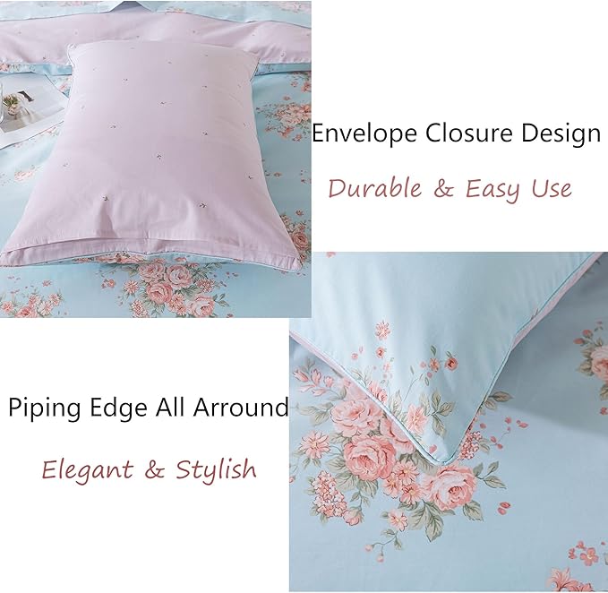 FADFAY Duvet Cover Set Full Blue Rose Floral Bedding Rustic Peony Flower Comforter Cover Set Vintage Farmhouse Bedding 100% Cotton Ultra Soft Quilt Cover with Hidden Zipper Closure 3Pcs, Full Size
