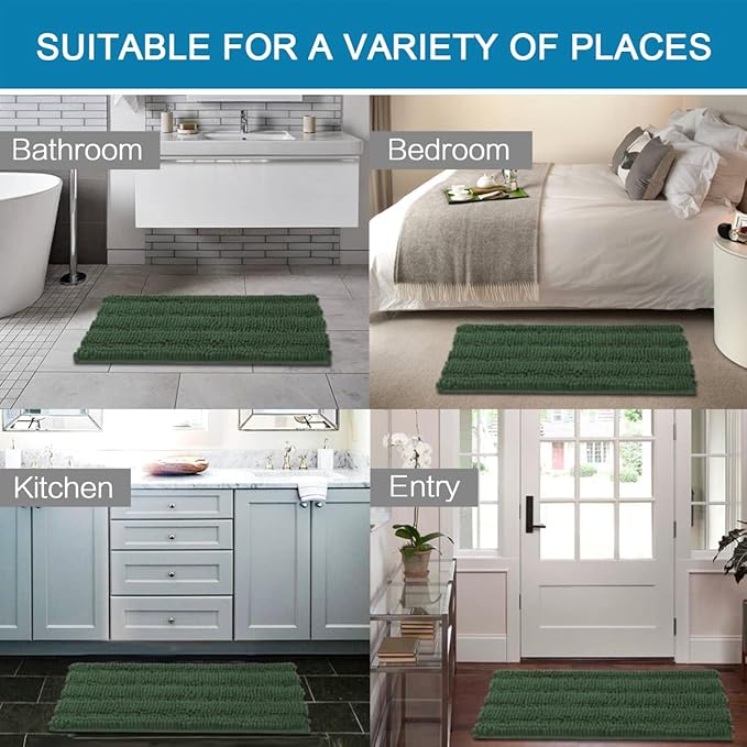 H.VERSAILTEX Bath Rugs for Bathroom Non Slip Bath Mats Extra Thick Chenille Striped Rug 20" x 32" Absorbent Non Skid Fluffy Soft Shaggy Washable Plush Mat for Indoor, Bath Room, Tub - Bronze Green
