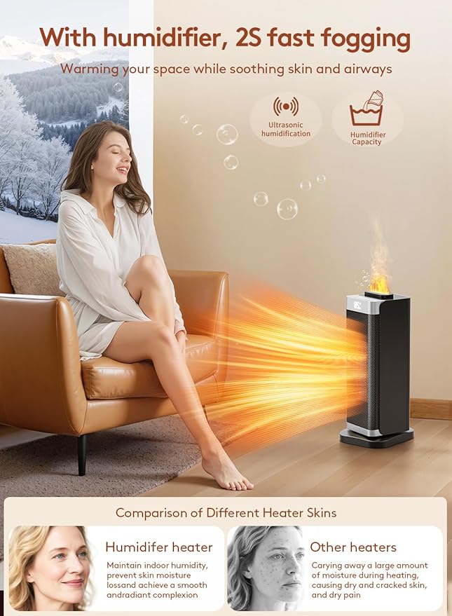 Space Heaters for Indoor Use, Staholz 3 in 1 Portable Space Heater with Humidifier/Ambient Light, Electric Heaters with Thermostat,70° Oscillation,12H Timer,Ultra-Quiet for Bedroom,Office(SL)