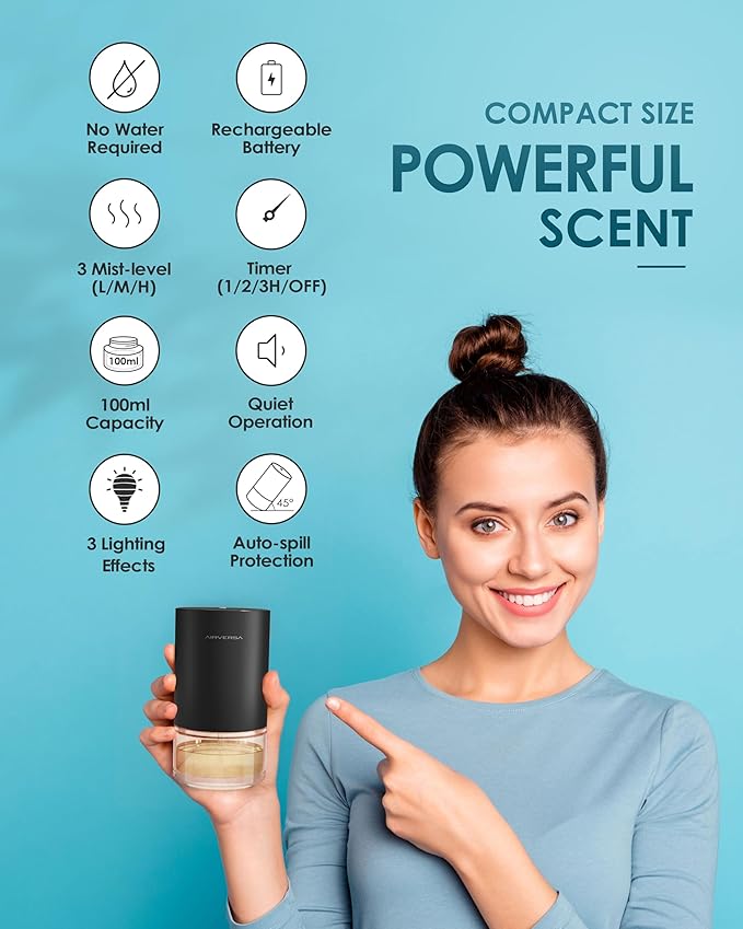 Airversa Essential Oil Diffuser Waterless Aromatherapy Diffusers for Home Large Room, Bedroom, Car, Office, Desk, Battery Operated, Small Diffuser for Pure Scent, 100mL Capacity, AN9 Black Starter Kit