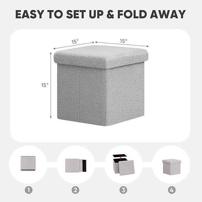PINPLUS Storage Ottoman Cube Square Shaped Ottomans with Storage Foot Stool Footrest for Lving Room Boucle Ottoman Seat for Dorm Room,Faux Teddy Fur Grey,15"x15"x15"