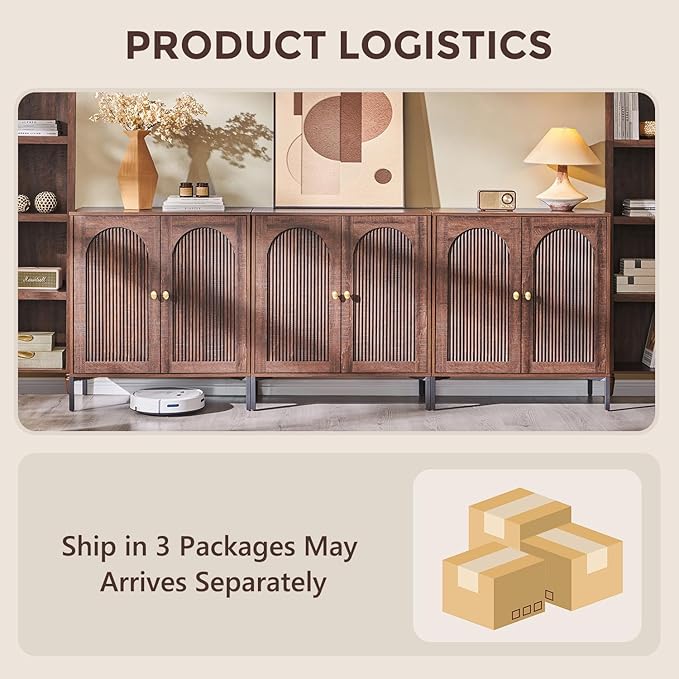 Bathroom Cabinet with Storage, 92.63" W Fluted Arched Free Standing Floor Cabinet w/Adjustable Shelves, Modern Sideboard Cabinet for Bathroom, Kitchen, Living Room, Entryway, Brown