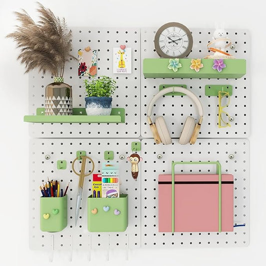 Metal Pegboard Combination Kit — 4 Carbon Steel Pegboards with 26 Accessories, Pegboard Wall Organizer for Home, Office, Study Room, Kitchen, Garage & Craft Room — 24″ × 24″ White Peg Board