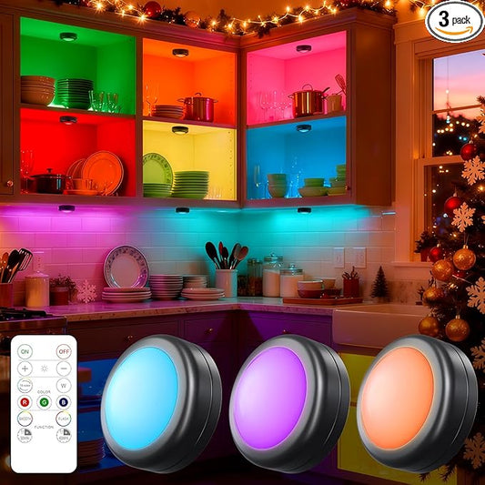 Yiliaw 3 Pack LED Puck Lights Remote Control 16 Color Changeable Under Cabinet Lights, Battery Operated Lights Night Light with Dimmer & Timmer for Closet Bedroom Kitchen, Black