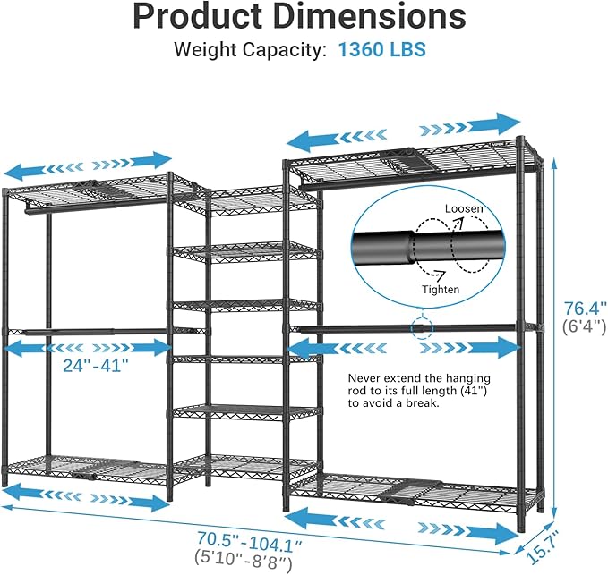 VIPEK X3 Plus Large Expandable Closet Rack Adjustable from 5'10" to 8'8" with Extendable Shelves and Hanger Rods, Freestanding Clothing Racks Modular Closet Systems Wardrobe, Max Load 1360LBS, Black