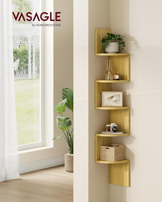 VASAGLE Corner Shelf Wall Mount, 5-Tier Floating Corner Bookshelf, Plant Shelf for Bedroom, Living Room, Bathroom, Home Office, Natural Oak