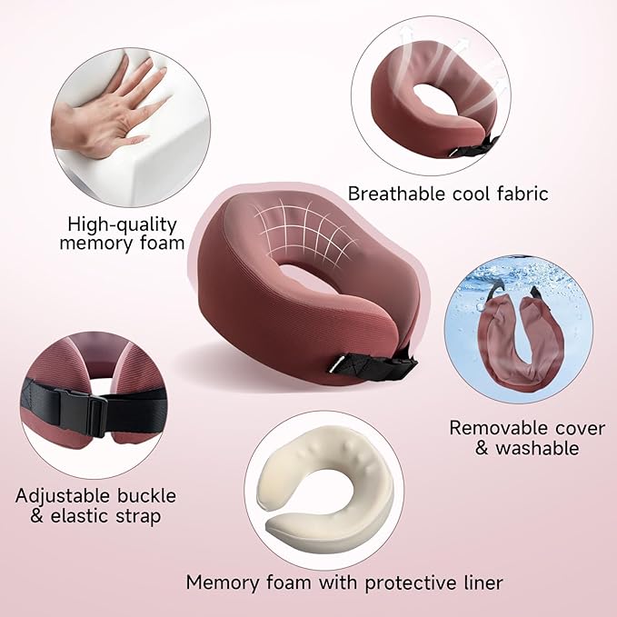 SPRFUFLY Super Comfy Travel Pillow - 100% Memory Foam Neck Pillow for Sleeping, Airplane Pillow with Sleep Mask & Earplugs, Travel Essentials Neck Pillow for Airplane, Car, Office & Home