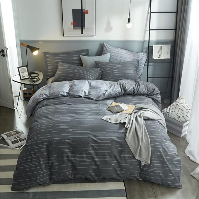 VM VOUGEMARKET Gray Stripes Bedding Set,3 Pieces Twin Duvet Cover with 2 Pillowcases for Boys Men 100% Cotton Modern Reversible Striped Comforter Cover with Zipper-80x90 Inch