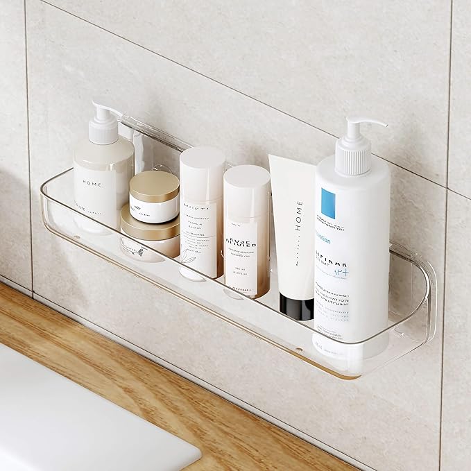 UDD Acrylic Clear Shower Caddy Adhesive Shelf, Plastic Shower Organizer with Self Adhesive Tape, No Drilling Wall Mount Shower Shelves for Bathroom Kitchen, Transparent