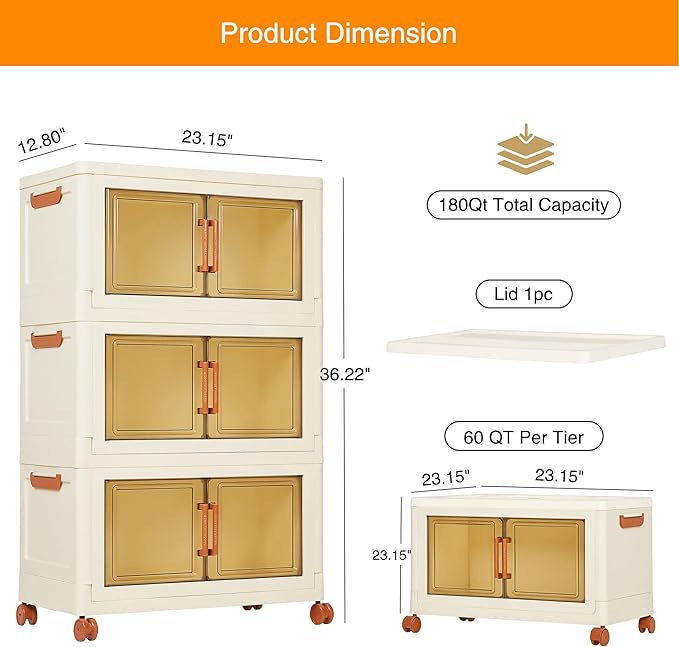 VECELO 180 QT Stackable Storage Bins with Wheels, Magnetic Dual Opening Doors & Transparent Panels, Plastic Foldable Storage Containers for Living Room, Bedroom, Kitchen, Office