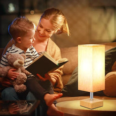aooshine Wood Grain Table Lamp for Bedroom - Bedside Lamp for Nightstand, Minimalist Night Stand Light Lamp with Square Fabric Shade, Desk Reading Lamps for Kids Room Living Room Office Dorm