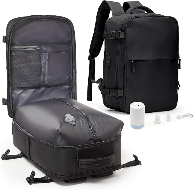 suwasp Vacuum Compression Backpack, 45L Expandable Travel Backpack with Electric Vacpack Pump, Travel Vacuum Bags with Shoe Compartment/17inch Laptop Compartment/Waterproof Pocket, Black