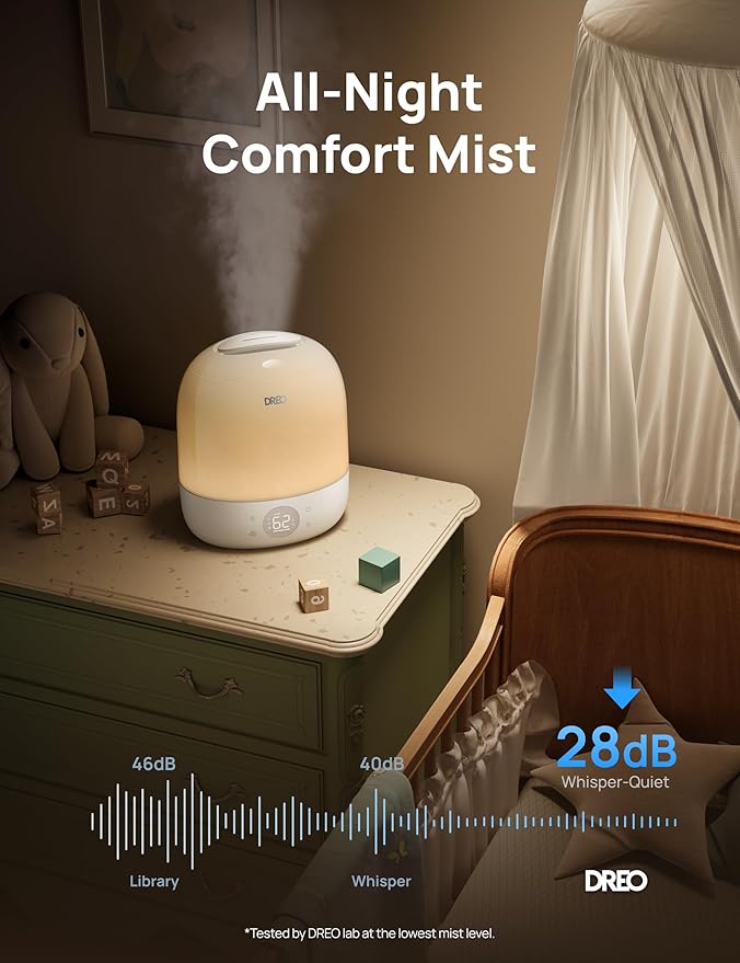 DREO Humidifier 409S, Humidifiers for Bedroom Baby, Ultra Quiet 28dB & 3L Top Fill Cool Mist Humidifier for Nursery, Smart Air humidifier for Plants, 1500+ RGB Night Light & Sleep Routine Trainer