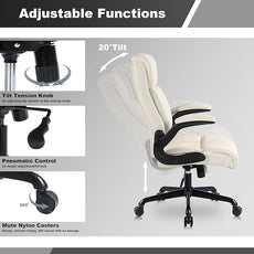 Youhauchair Executive Office Chair, Ergonomic PU Leather Computer Desk Chair with Lumbar Support, Flip-up Armrests and Adjustable Height, for Home Office, Beige