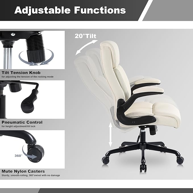 Youhauchair Executive Office Chair, Ergonomic PU Leather Computer Desk Chair with Lumbar Support, Flip-up Armrests and Adjustable Height, for Home Office, Beige