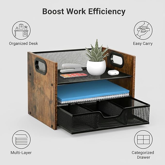 Wood Desk Organizer - 3-Tier Desktop File Organizer with Drawer, Wooden Paper Tray, Office Desk Organzier and Accessories for Papers, Mail, Notebooks, Stationery