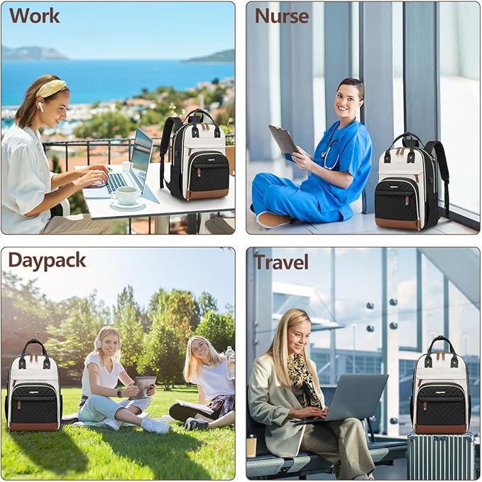 Laptop Backpack for Women Bag - 15.6 inch Work Travel Backpack with USB Charger College Bookbag Waterproof Business Computer Backpack Anti-theft Casual Backpacks for Nurse Teacher Beige Black Brown