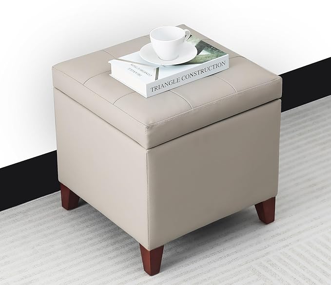 Leather Storage Ottoman with Hinged Lid, Square Foot Rest Stool Tufted Cube Footstool, Beige Grey