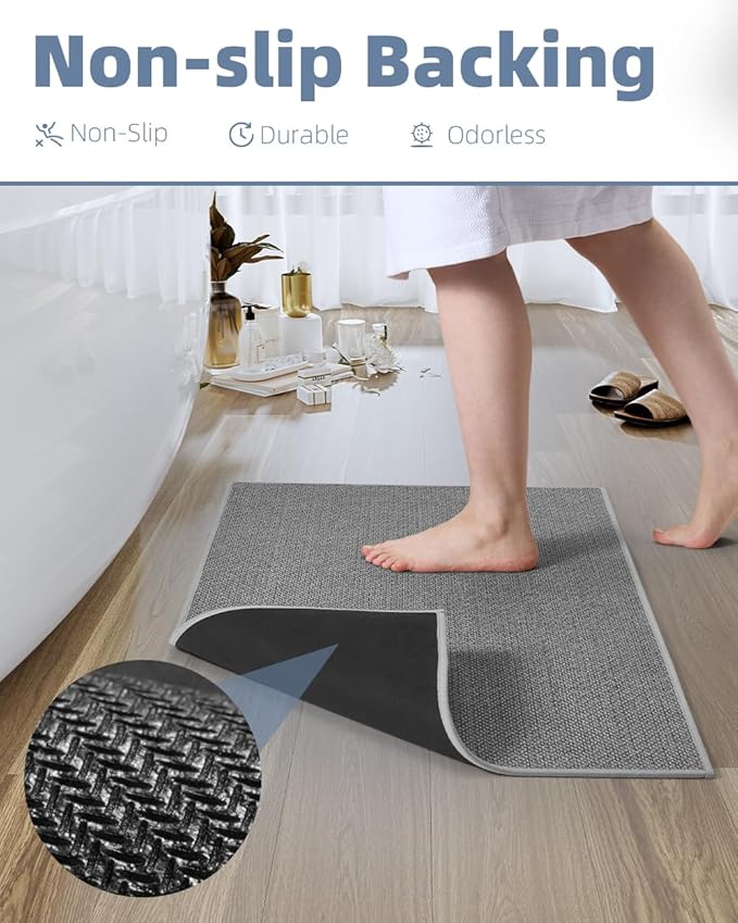 PADOOR Non-Slip Bath-Mats, Rubber-Backing Braided Absorbent Bath Mat Machine Washable Thin Bath Rugs Fit Under Door Quick Dry, 24x47 Grey