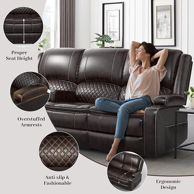 Recliner Sofa, 3 Seater Manual Reclining Sofa with 2-Tier Cushion, Reclining Couches for Living Room with Removable Console, Hidden Storage Space, Cup Holders - Brown