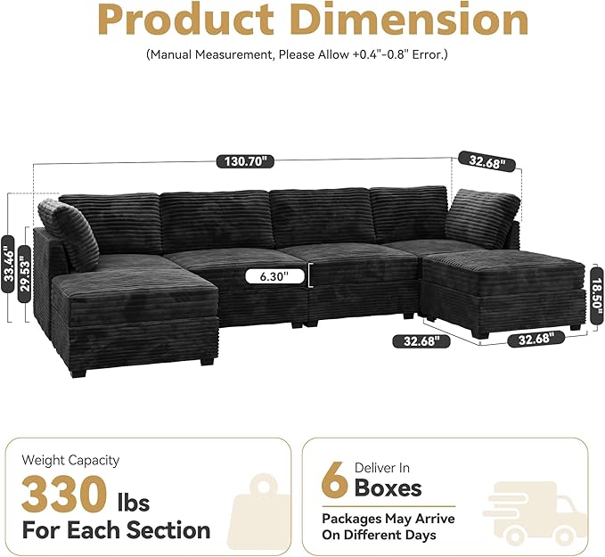 Large 6 Seat Modular Sectional Sofa with Ottoman Seat Corduroy Sleeper Sectional Sofa Bed Oversized Convertible Modular Couch for Living Room