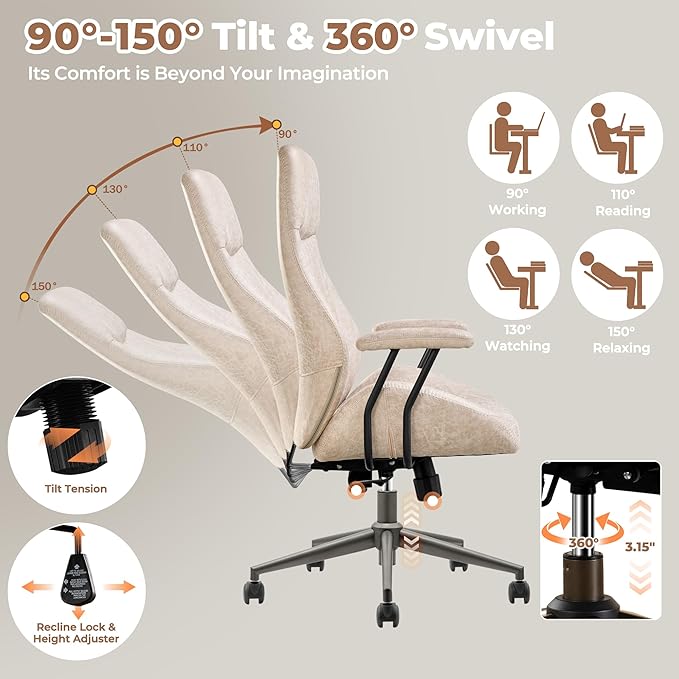ovios Ergonomic Office Chair, High Back Faux Leather Executive Chairs with Armrests, Comfy High-Century Modern Swivel Rolling Computer Armchair (Beige, Suede Leather)