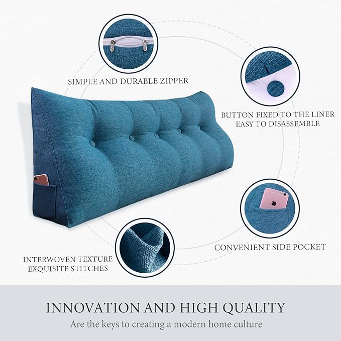 14 lbs Thickened Headboard Pillow Wedge Pillow Headboard Reading Pillow Bed for Backrest Reading Triangular Pillow with Side Pocket for Sitting in Bed Cotton Linen Blue King