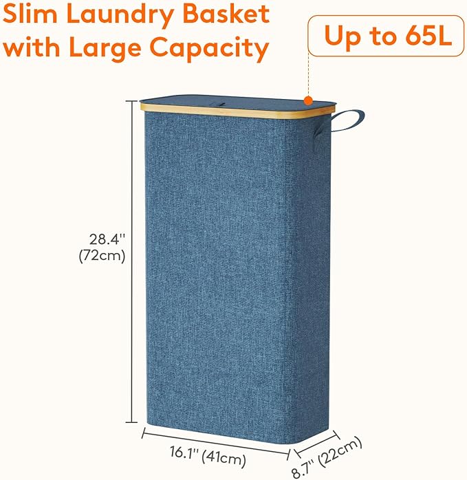 Lifewit 65L Slim Laundry Hamper with Lid, Narrow Laundry Basket with Removable Bag & Bamboo Handles, Fodable Thin Dirty Clothes Hamper for Laundry Collapsible Bin for Bathroom Bedroom Dorm, Dark Blue