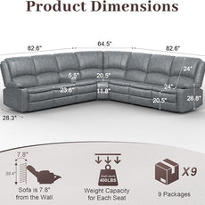 Manual Reclining Sectional Sofa Set, 7 Seats Soft Leather Recliner Corner Sectional Couch, Family-Sized L-Shaped Recliner Couch with USB Charging, Thickened Padding, Sturdy Frame, Grey