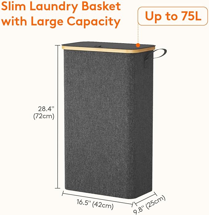 Lifewit 75L Slim Laundry Hamper with Lid, Narrow Laundry Basket with Removable Bag & Bamboo Handles, Fodable Thin Dirty Clothes Hamper for Laundry Collapsible Bin for Bathroom Bedroom Dorm, Dark Gray