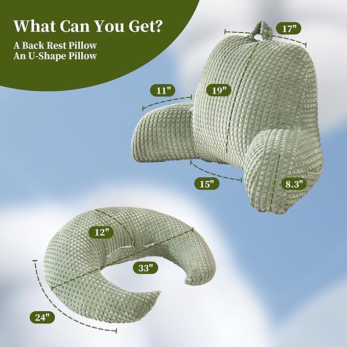 Reading Pillow for Bed,U Shaped & Back Support Pillow for Bed,19" Backrest with Lumbar & Arm Support,Comfy Flannel Fabric,Lap Pillow for Gaming/Reading/Watching TV,Green