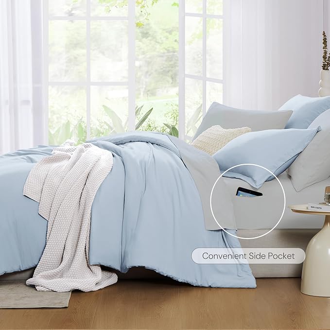 WRENSONGE Full Size Comforter Set- 7 Pieces Ice Blue Bed in a Bag Full Size Comforter with Fitted Sheet, Flat Sheet, 2 Pillow Shams, 2 Pillowcases, Warm Bedding Sets for All Season