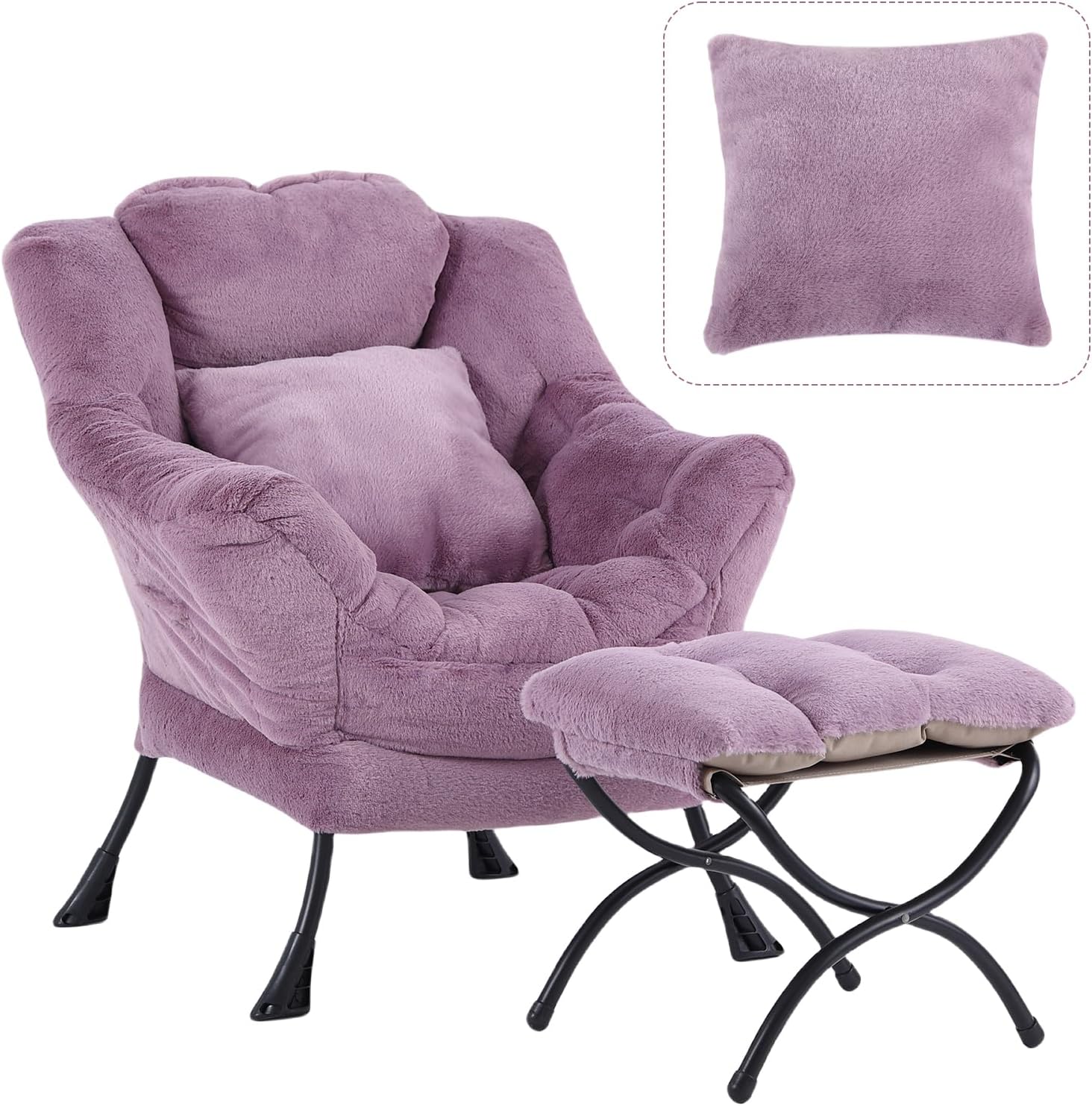 Lazy Chair with Ottoman, Large Pink Accent Chair with Ottoman and FA Throw Pillow, Comfy Plush Reading Chair for Living Room Bedroom Dorm Room Office Apartment Relaxing Use Dormly