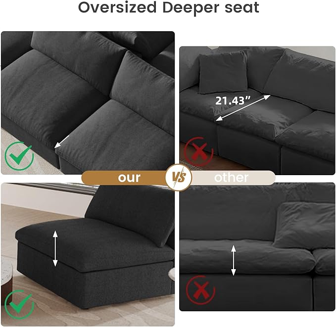 Cloud Couch Modular Sectional Sofa with Storage Ottoman,160.6" Down Filled 6 Seater Couch,V Shaped Oversized Convertible Sectional Sofa for Living Room,Covers Removable & Washable, Black