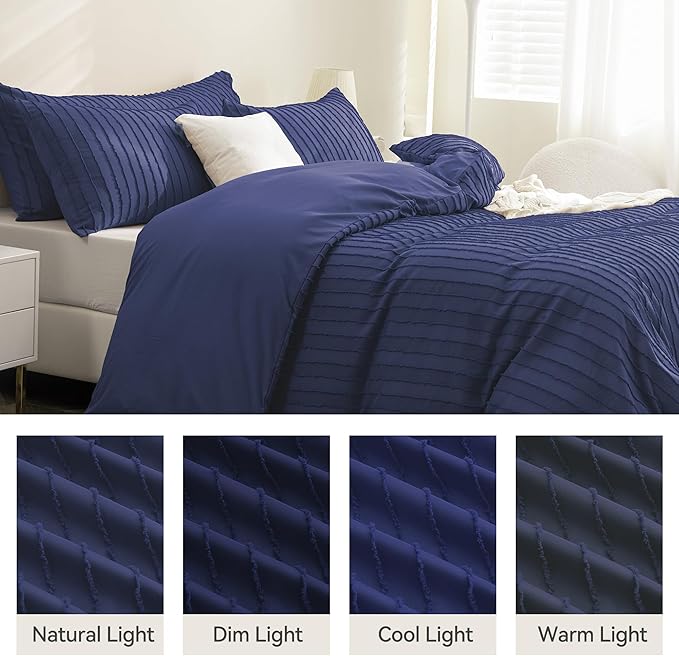 JELLYMONI Duvet Cover Full Size Navy Blue - 3PCS Boho Striped Duvet Cover Set Polyester Tufted Bohemian Textured Comforter Cover 80×90in with Corner Ties & Zipper and 2 Pillowcases
