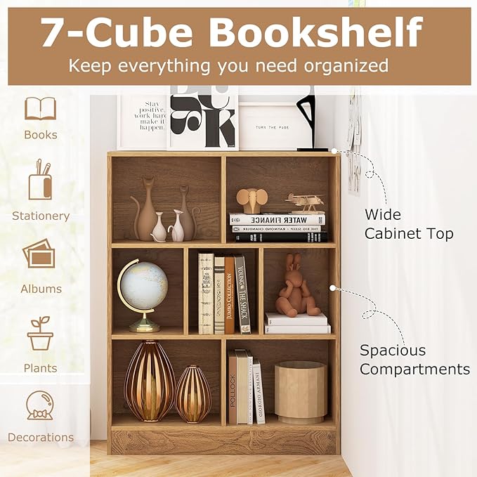 Tangkula 7-Cube Bookshelf, 41” Floor Bookcase with 2 Anti-Tipping Kits, Freestanding Storage Organizer, 4-Tier Display Shelf for Home, Office & Dorms, Natural/White (Natural, 7-Cube)