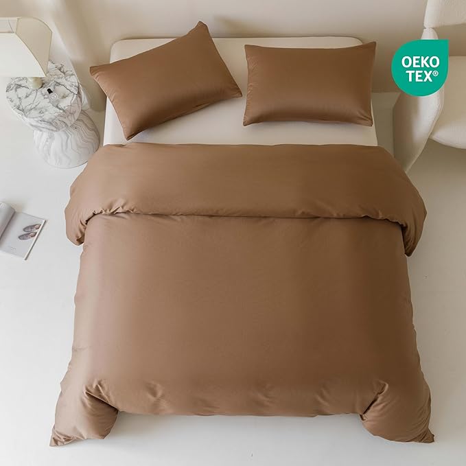 HeimenAogo Egyptian Cotton Duvet Cover Full Size Sateen Weave, Silky Soft and Breathable Bedding Set with Zipper Closure, Long Staple Cotton Bed Linen Brown 3Pcs (80"×90")