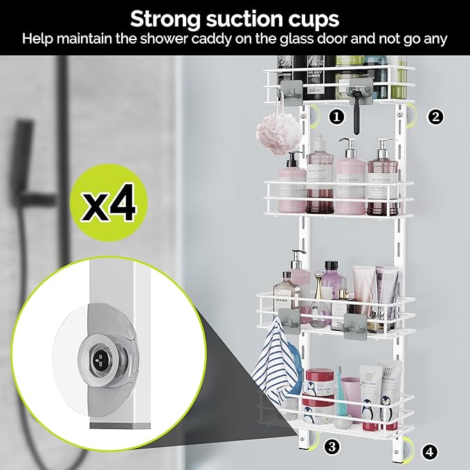 Orimade Over the Door Shower Caddy Adjustable 5 Tier Black,Bathroom Hanging Organizer Shelf Rustproof with 4 Hooks,Shower Basket with Soap Holder and Suction Cup, White