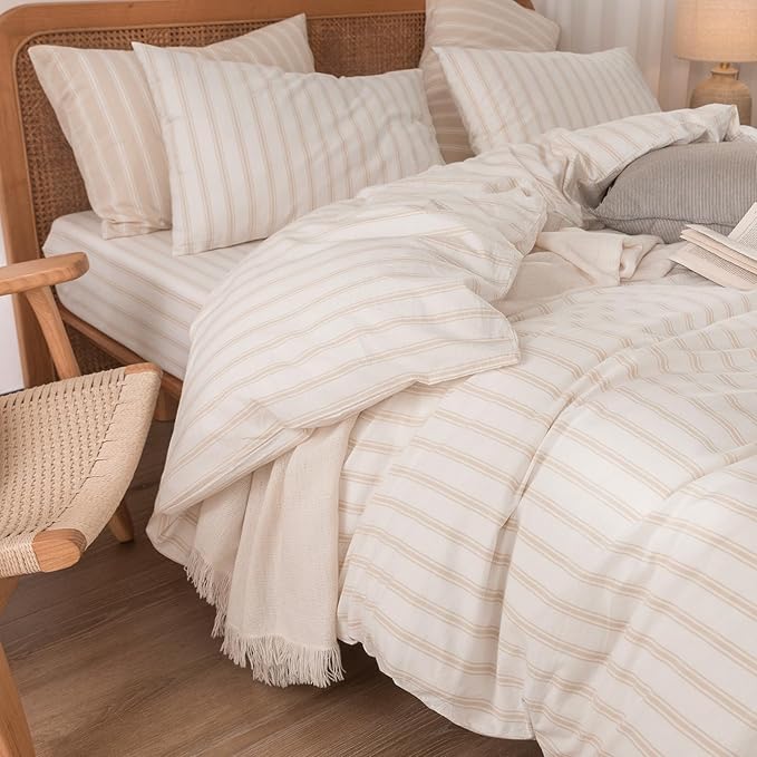BESTOUCH Duvet Cover Set 100% Washed Cotton Linen Feel Super Soft Comfortable Chic Lightweight 3 PCs Home Bedding Set White & Almond Grey Stripes Queen
