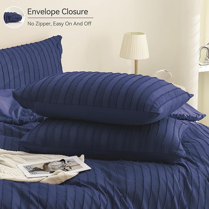 JELLYMONI Duvet Cover Queen Size Navy Blue - 3PCS Boho Striped Duvet Cover Set Polyester Tufted Bohemian Textured Comforter Cover 90×90in with Corner Ties & Zipper and 2 Pillowcases