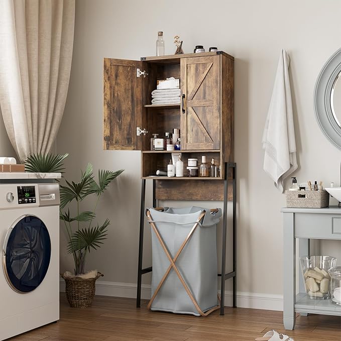 Vabches Over The Toilet Storage Cabinet with 2-Door Design Bathroom Organizers and Storage with Anti-Tip Device Over Toilet Organizer with Shelves for Bathroom,Restroom,Laundry Brown