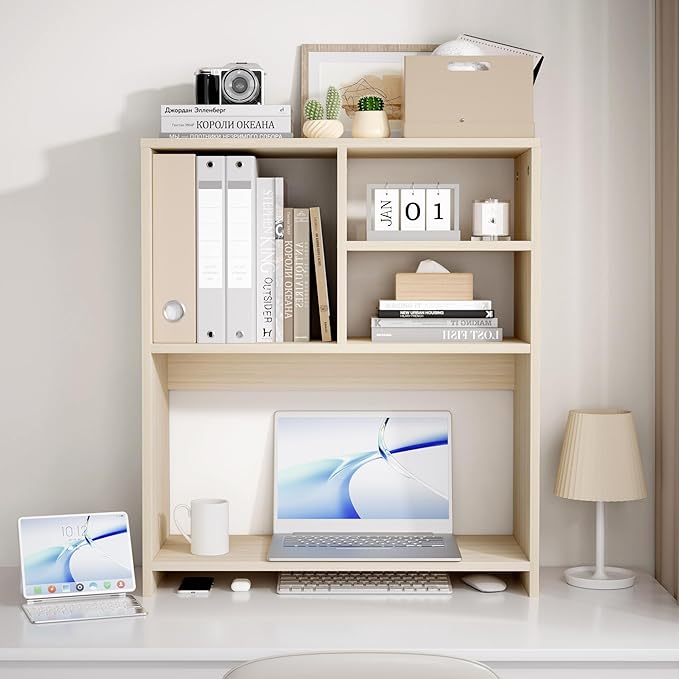 Jerry & Maggie Desktop Bookshelf Organizer, 4-Tier Desk Shelf with Hutch for Computer Desk, Wall Shelf Organizer & Room Decor Aesthetic, Dorm & Office Storage for Books, Laptop (White Wood/26 in)