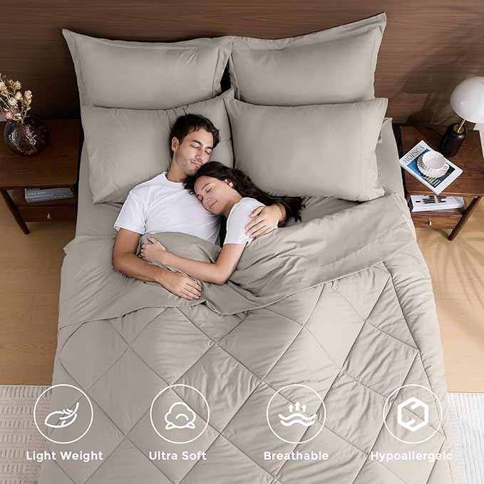 HEVUMYI Oatmeal California King Comforter Set - 7-Piece All Season Bed in a Bag Cal King, Ultra Soft Bedding Set with Comforter, Flat Sheet, Fitted Sheet, Pillowcases, Pillow Shams